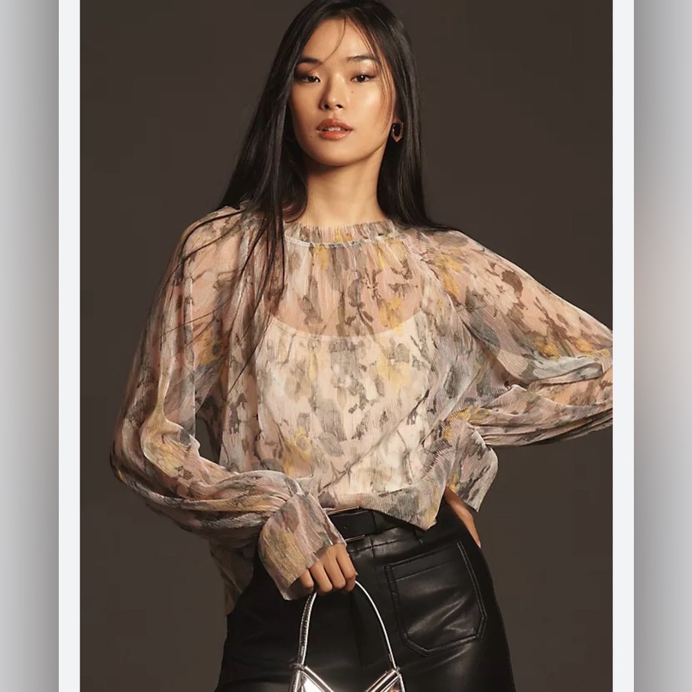 Anthropologie Sheer Floral Blouson Top in Blush and Mustard